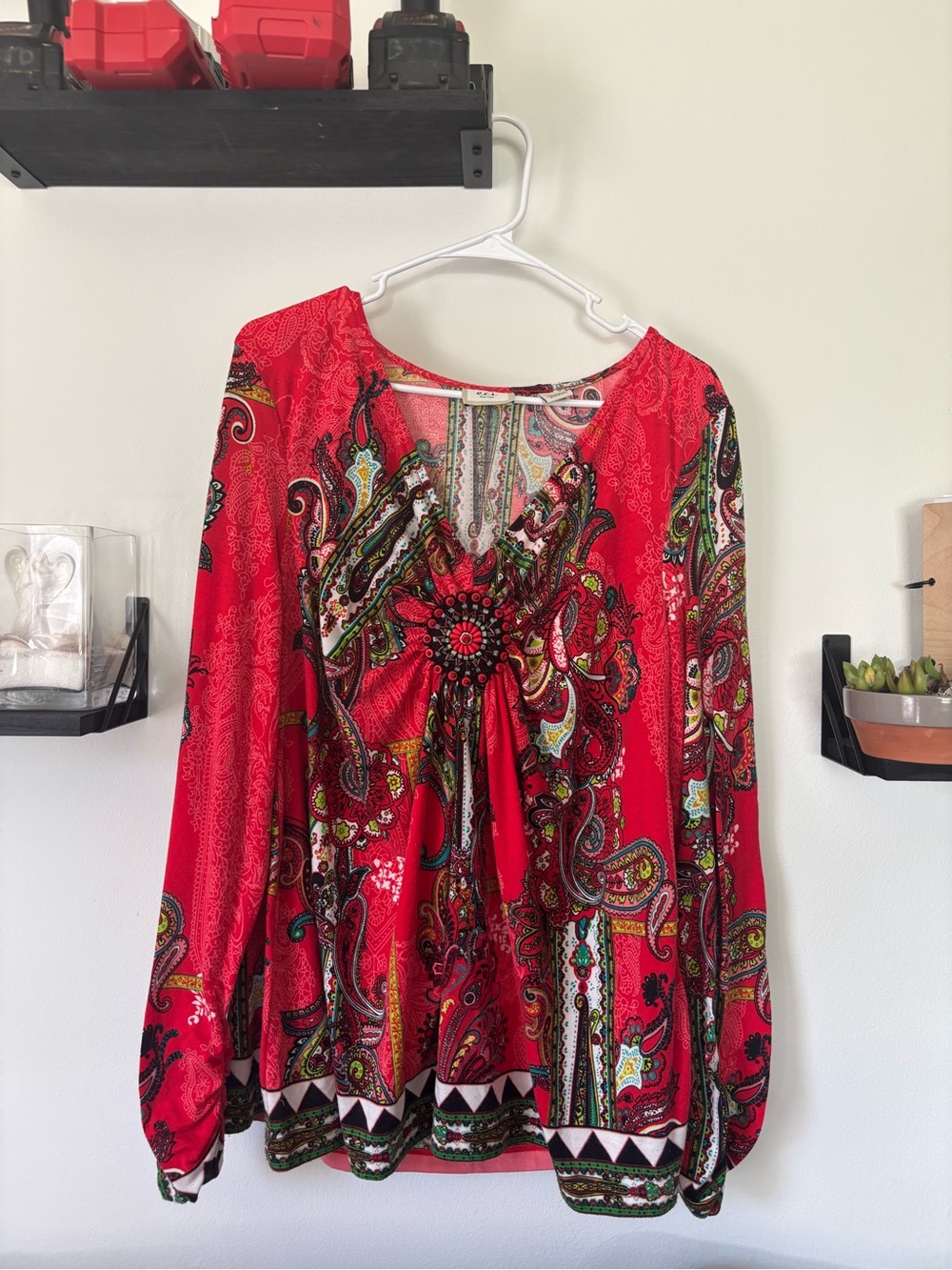 ECI New York Red Paisley Boho Blouse XXL Beaded Long Sleeve Tunic